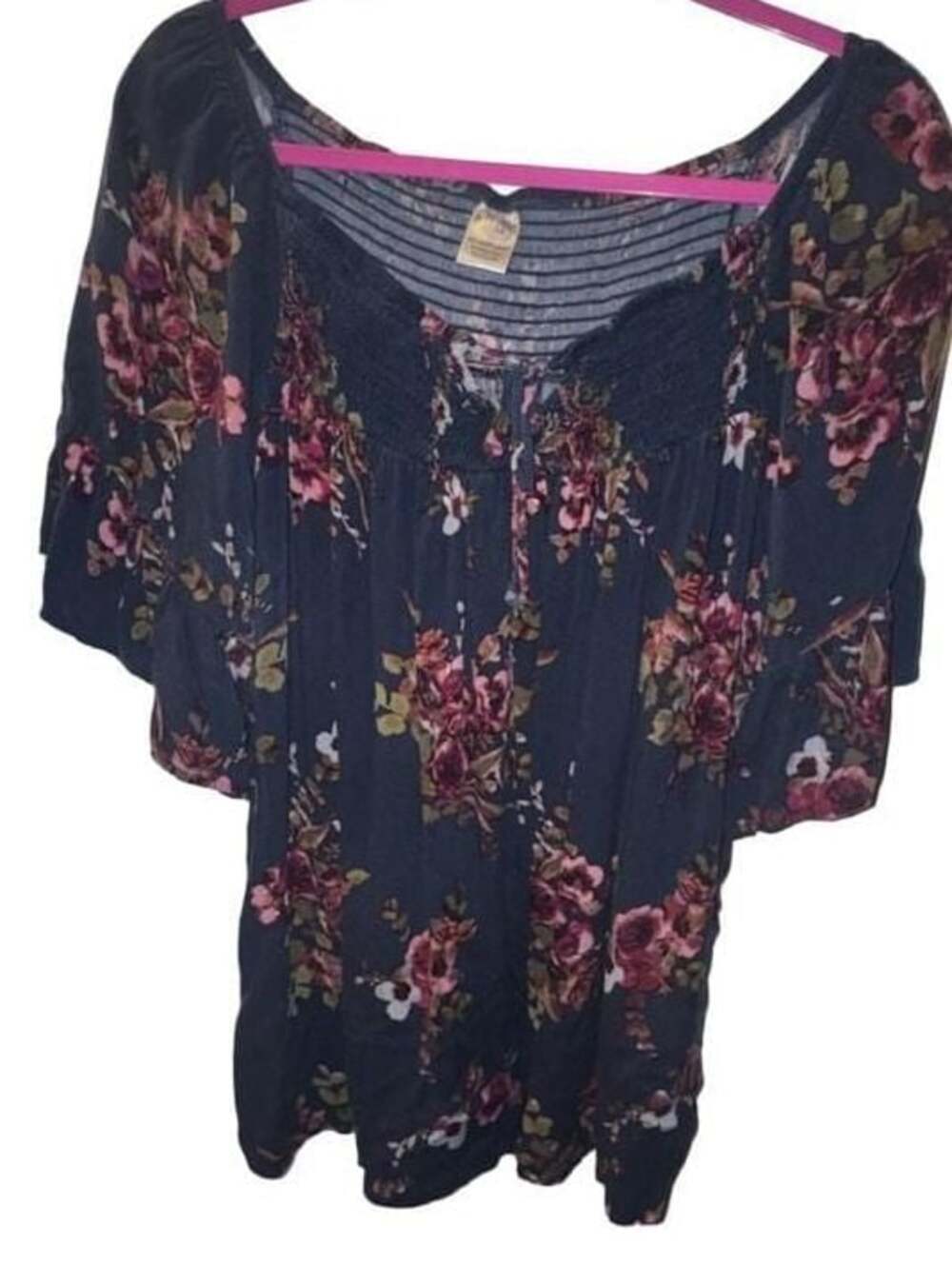 Terra & Sky Plus Size Navy Blue Floral Boho Top 1X (16W-18W)